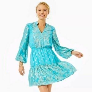 Lilly Pulitzer NWT teal & gold Joelle Silk dress